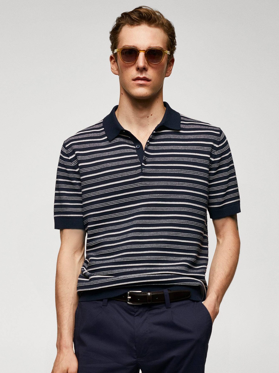 

MANGO MAN Striped Polo Collar Pure Cotton T-shirt, Navy blue