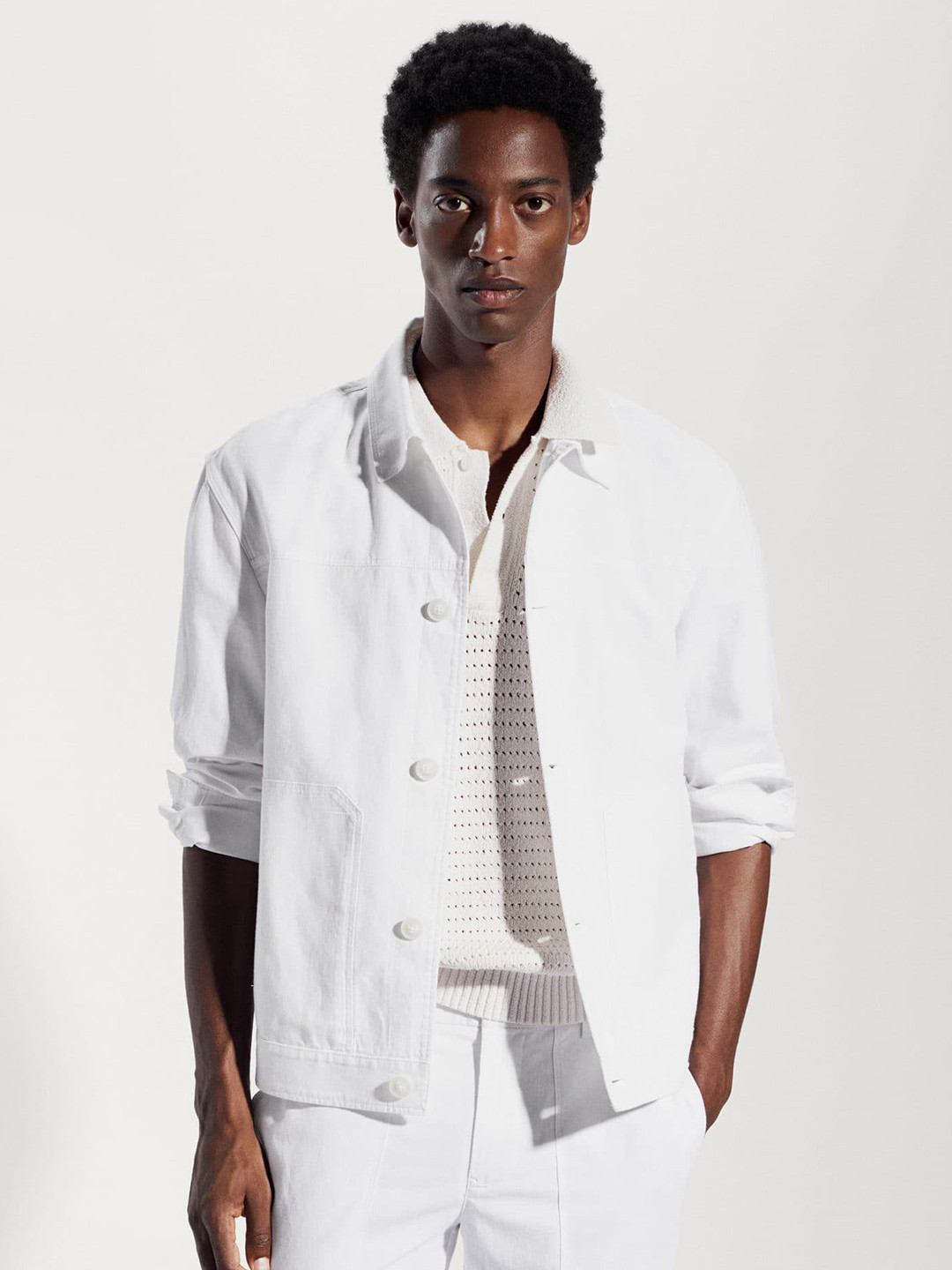 

MANGO MAN Cotton Linen Solid Casual Shacket, White