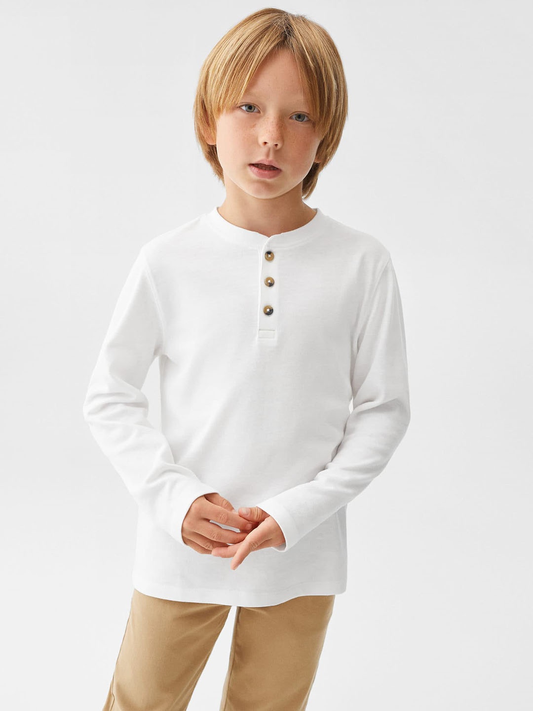 

Mango Kids Boys Pure Cotton Henley Neck T-shirt, White