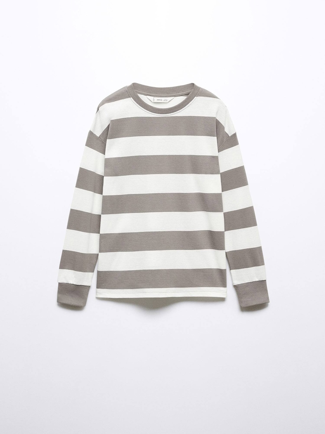 

Mango Kids Boys Pure Cotton Striped Drop-Shoulder Sleeves T-shirt, Grey