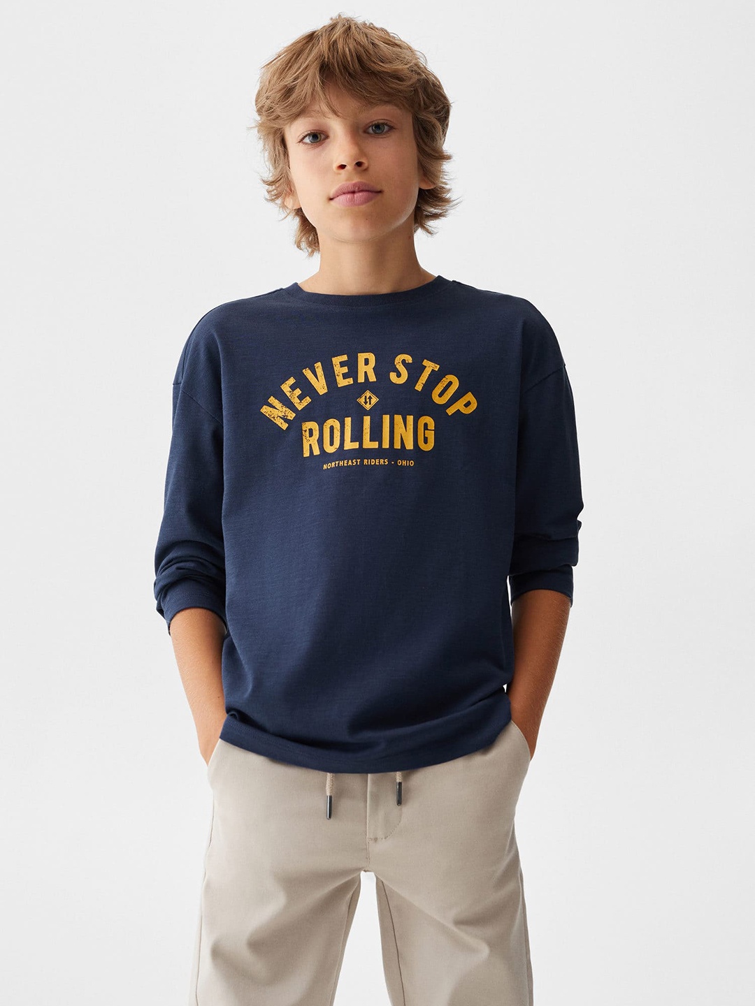 

Mango Kids Boys Pure Cotton Typography Printed Drop-Shoulder Sleeves T-shirt, Navy blue