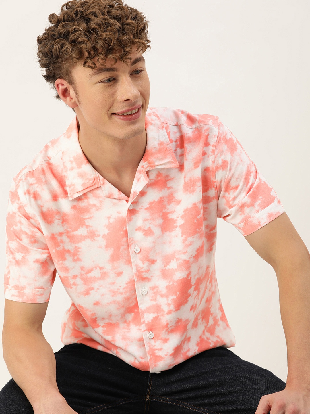 

Mast & Harbour Men Slim Fit Opaque Printed Casual Shirt, Coral