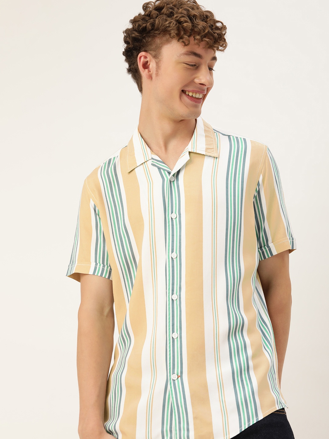 

Mast & Harbour Men Slim Fit Striped Cuban Collar Casual Shirt, Beige