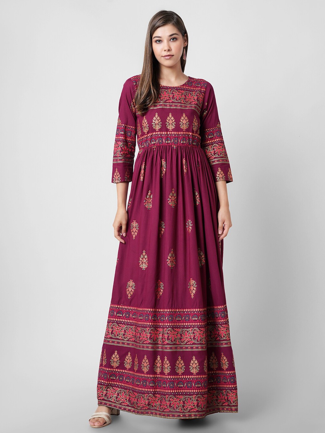 

DK FAB Round Neck Ethnic Motifs Printed Gathers Maxi Ethnic Dress, Maroon