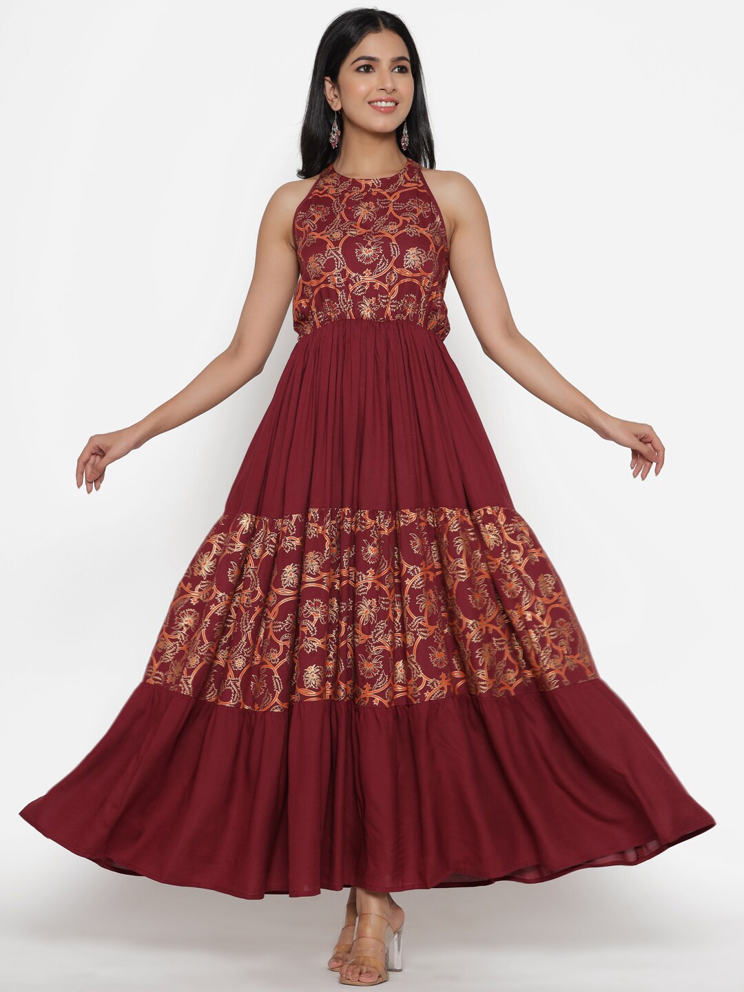 

DK FAB Halter Neck Gathers Floral Printed Maxi Dress, Maroon