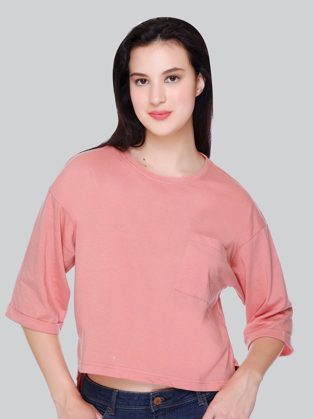 

BAESD Round Neck Three-Quarter Sleeves Top, Peach