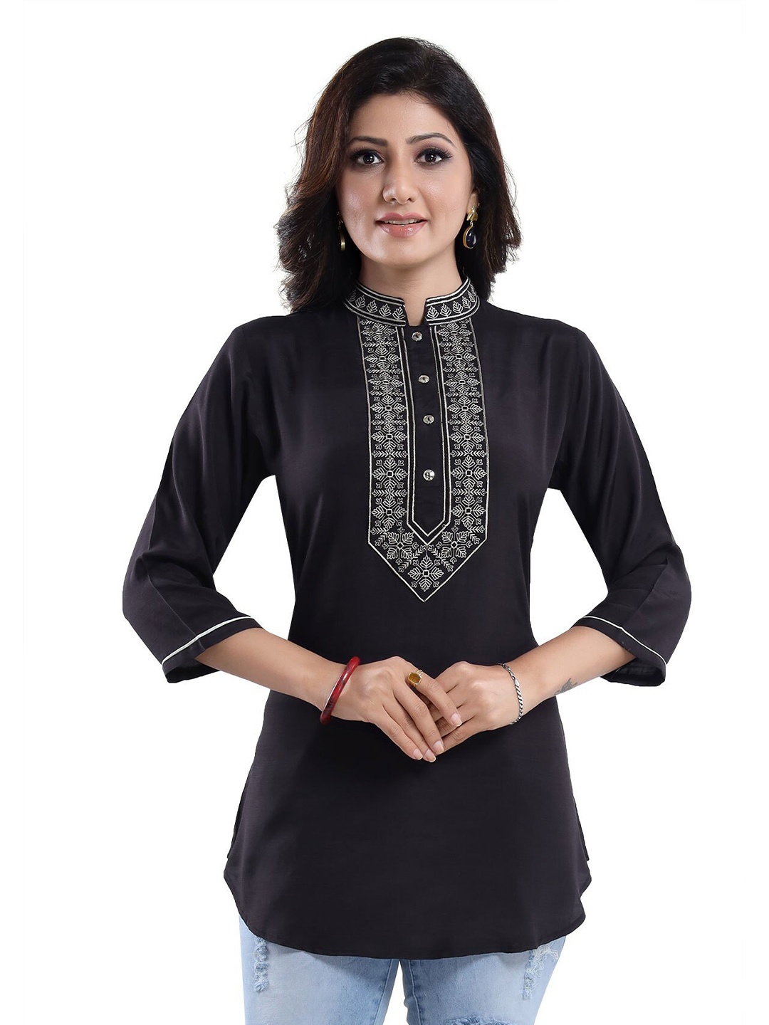 

keshubaba Mandarin Collar Embroidered Tunic, Black