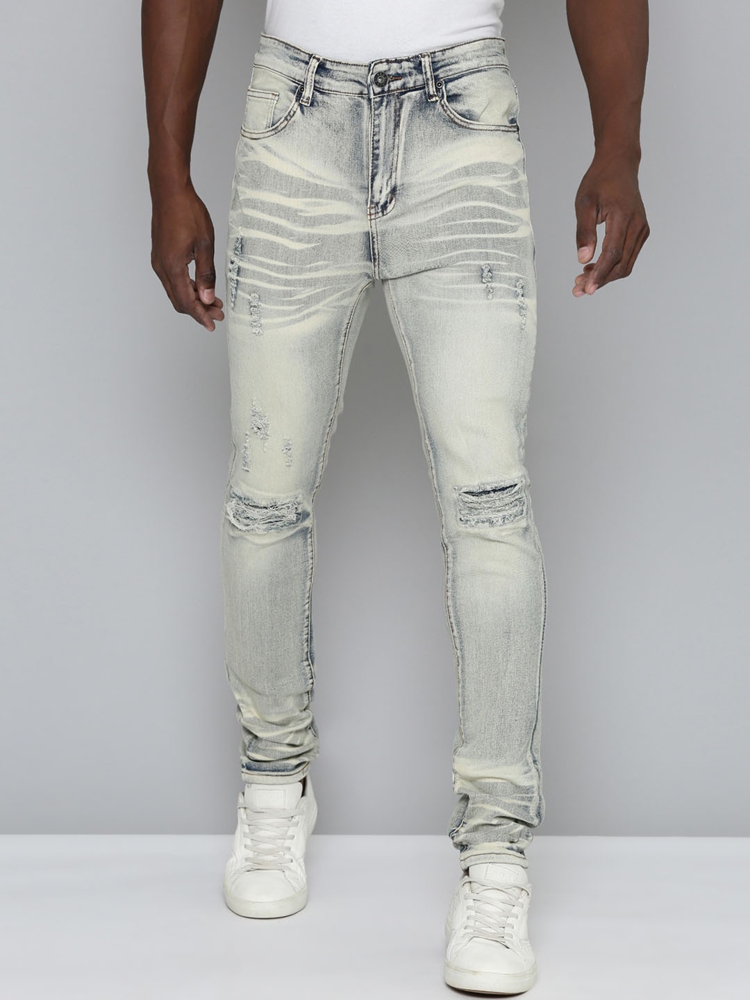 

WAIMEA Men Hollywood Skinny Fit Mildly Distressed Heavy Fade Stretchable Jeans, Grey