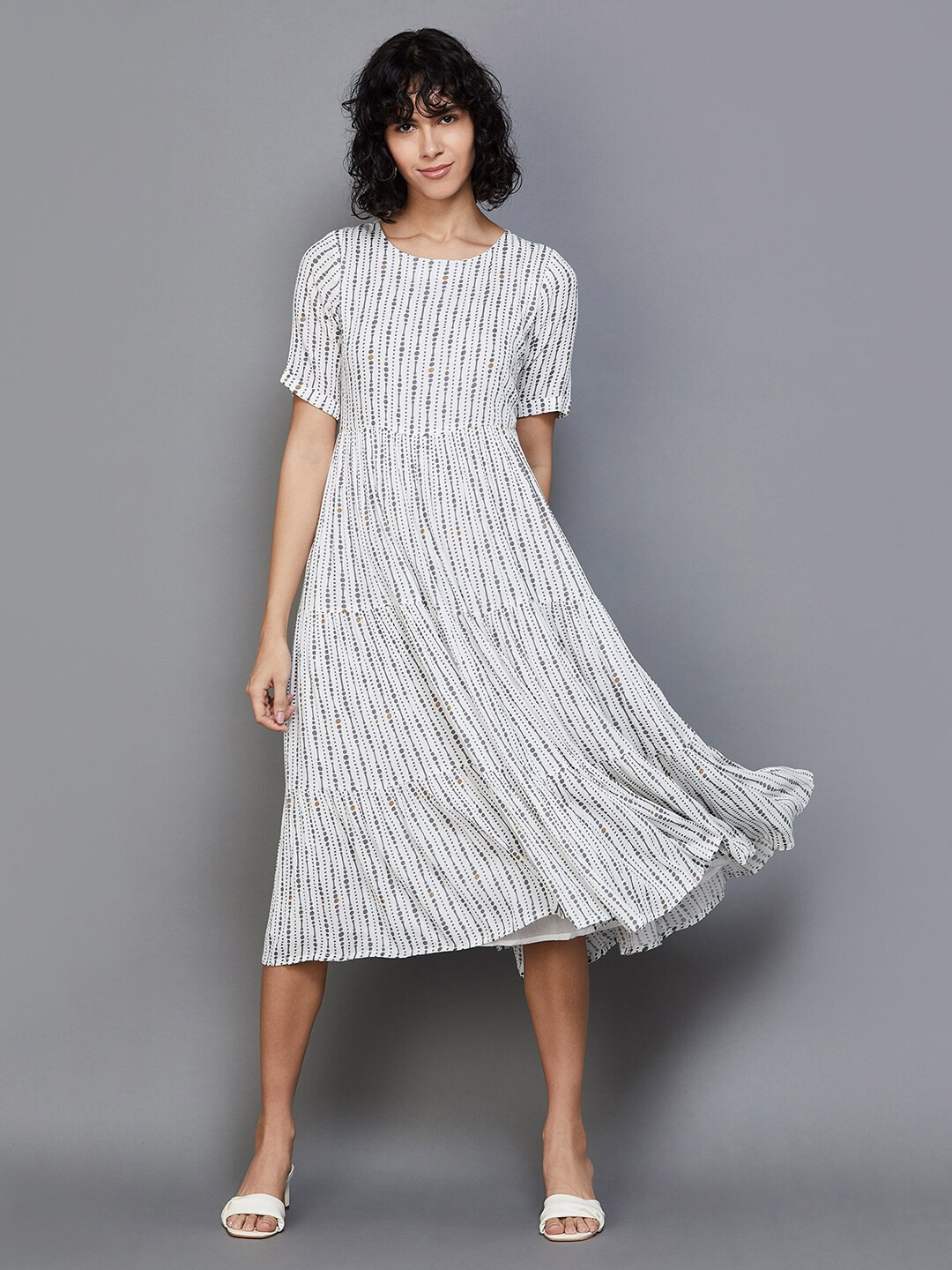 

Colour Me by Melange Round Neck Geometric Printed Tiered Fit & Flare Dress, Off white