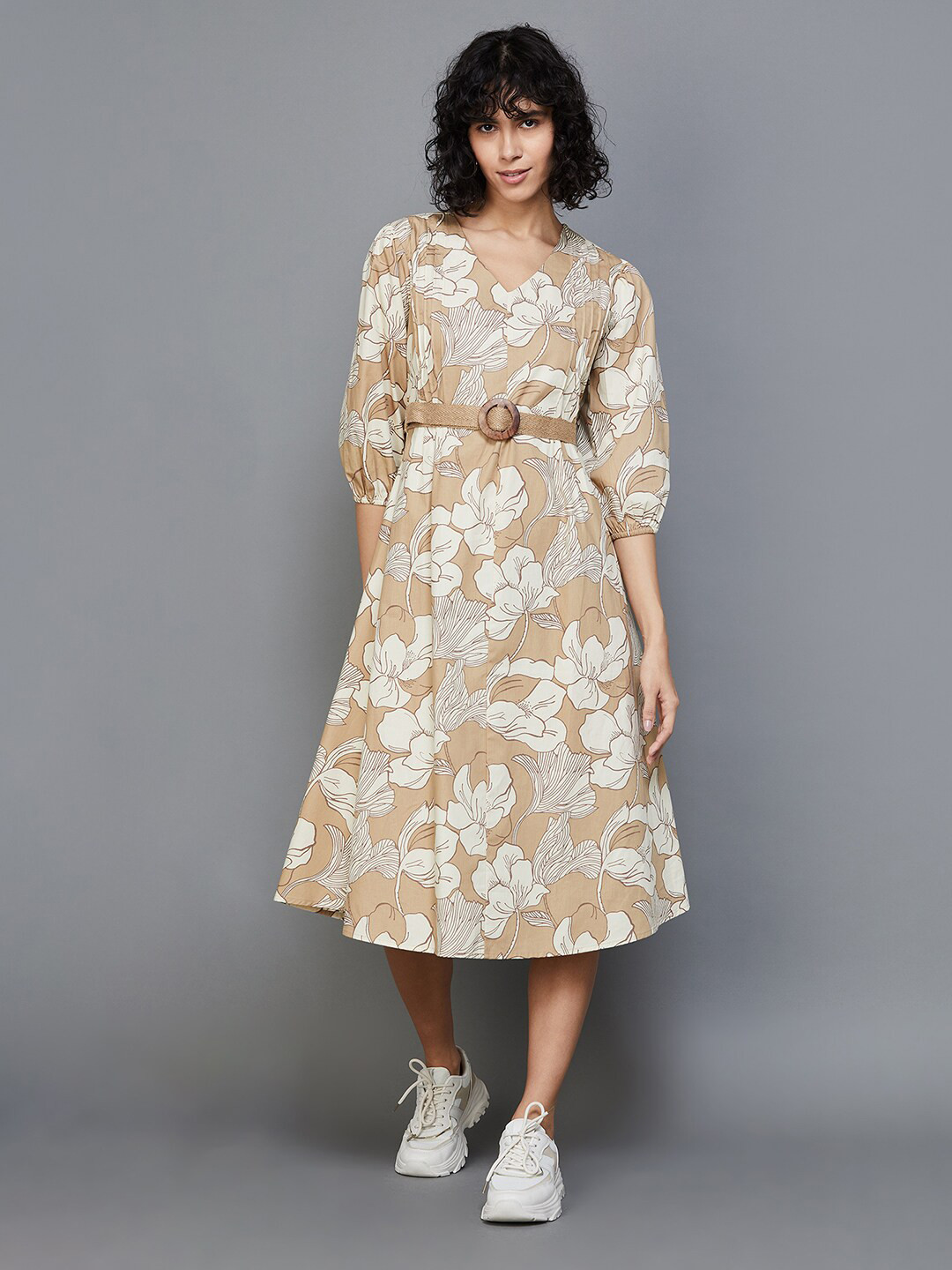 

Colour Me by Melange V Neck Floral Printed Puff Sleeve Belted Cotton A-Line Midi Dress, Beige