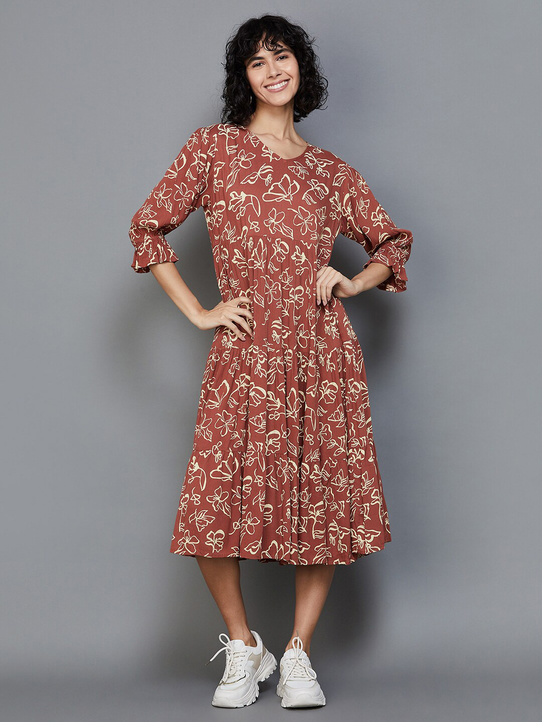 

Colour Me by Melange V Neck Floral Printed Puff Sleeve Belted Tiered Cotton A-Line Dress, Rust