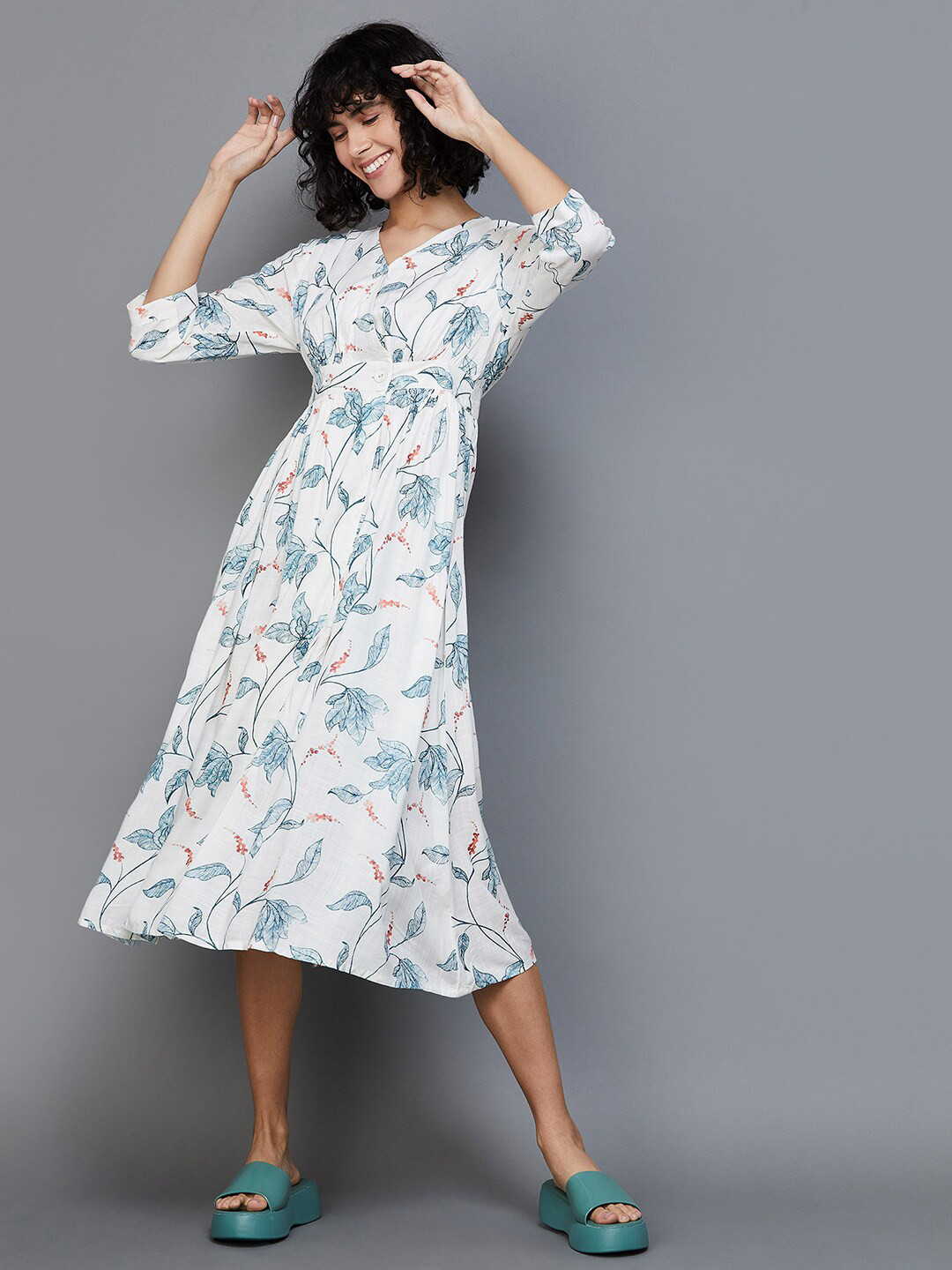 

Colour Me by Melange V Neck Floral Printed Regular Sleeve Fit & Flare Midi Dress, Off white