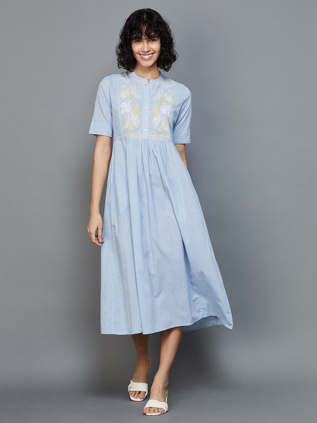 

Colour Me by Melange Mandarin Collar Floral Embroidered Yoke Design Cotton A-Line Dress, Blue