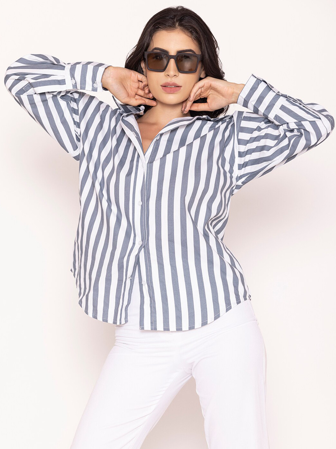 

Lounge Dreams Oversized Striped Pure Cotton Shirt, Grey