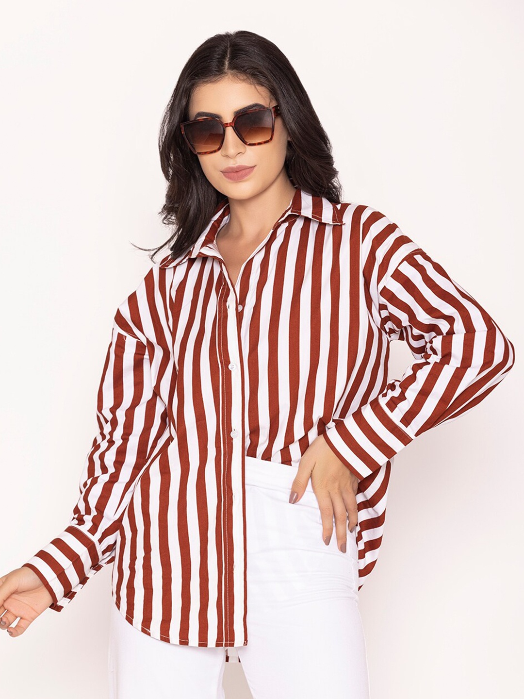 

Lounge Dreams Oversized Striped Pure Cotton Shirt, Red