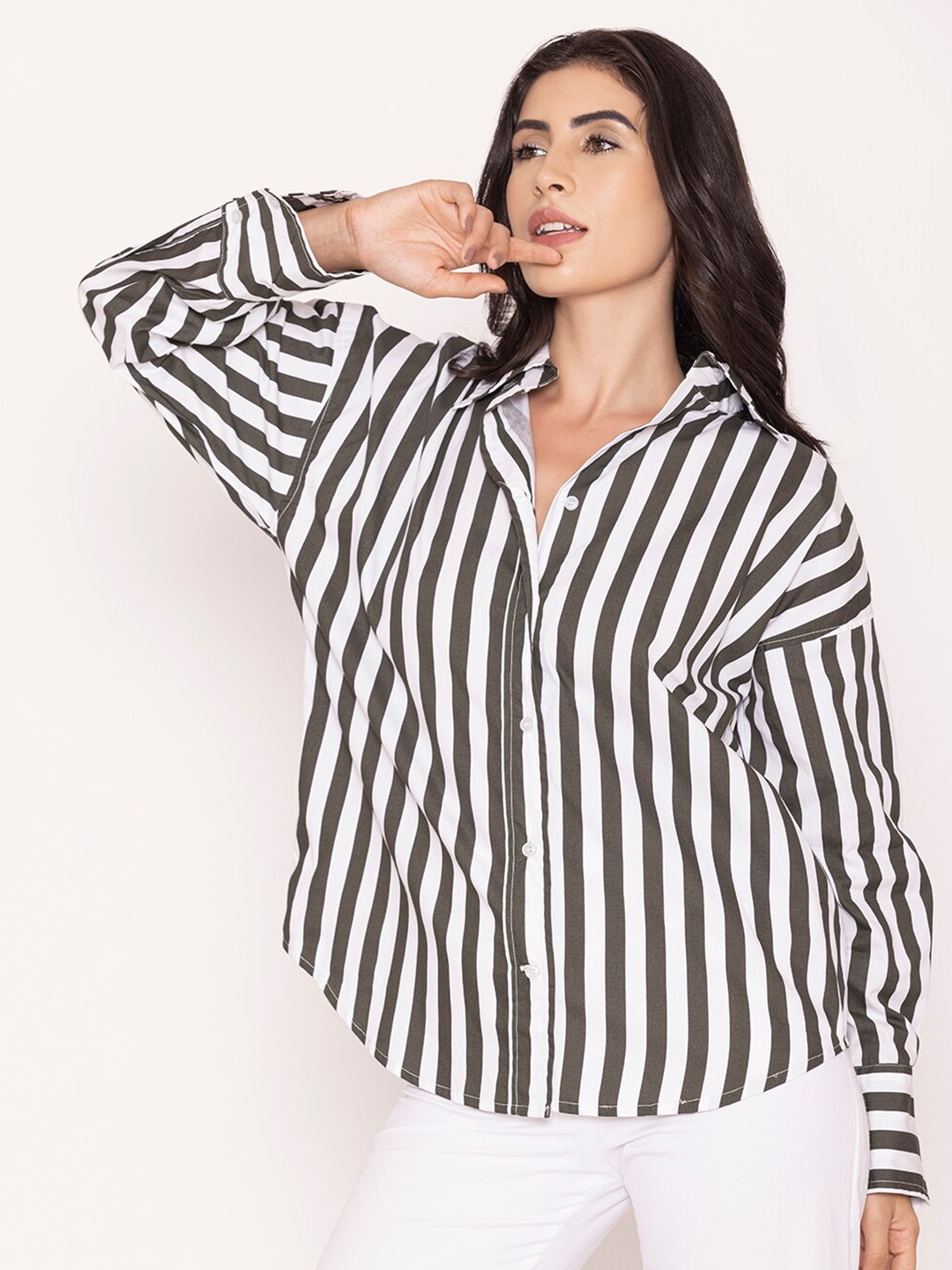 

Lounge Dreams Oversized Striped Pure Cotton Shirt, Black