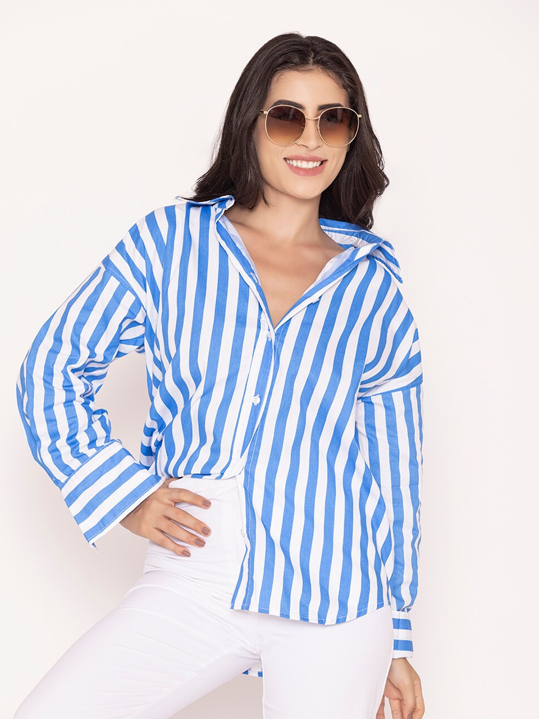 

Lounge Dreams Oversized Striped Pure Cotton Shirt, Blue
