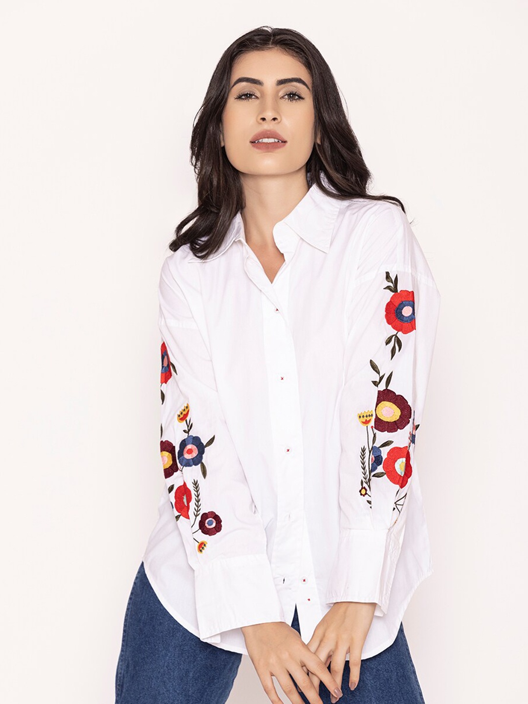 

Lounge Dreams Oversized Embroidered Pure Cotton Shirt, White