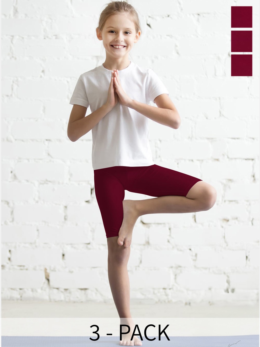

TWIN BIRDS Girls Pack of 3 Mid-Rise Skinny Fit Pure Cotton Sports Shorts, Maroon
