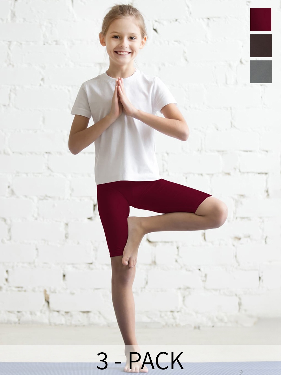 TWIN BIRDS Girls Pack Of 3 Skinny Fit Cotton Sports Shorts, Maroon