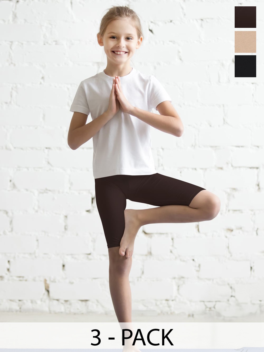 

Twin Birds Girls Pack of 3 Skinny Fit Knee Length Pure Cotton Sports Shorts, Brown