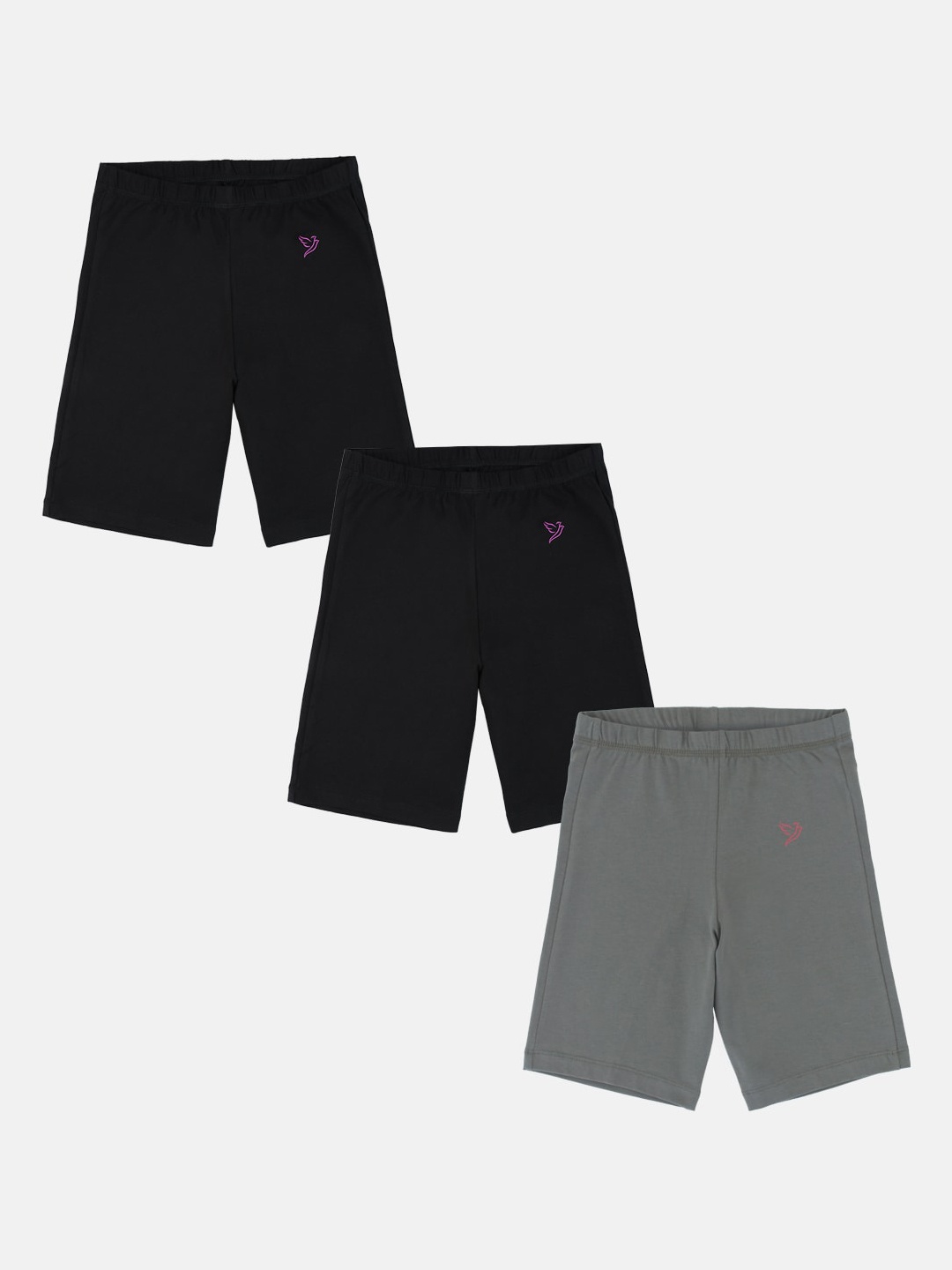 

TWIN BIRDS Girls Pack of 3 Mid-Rise Skinny Fit Pure Cotton Sports Shorts, Black