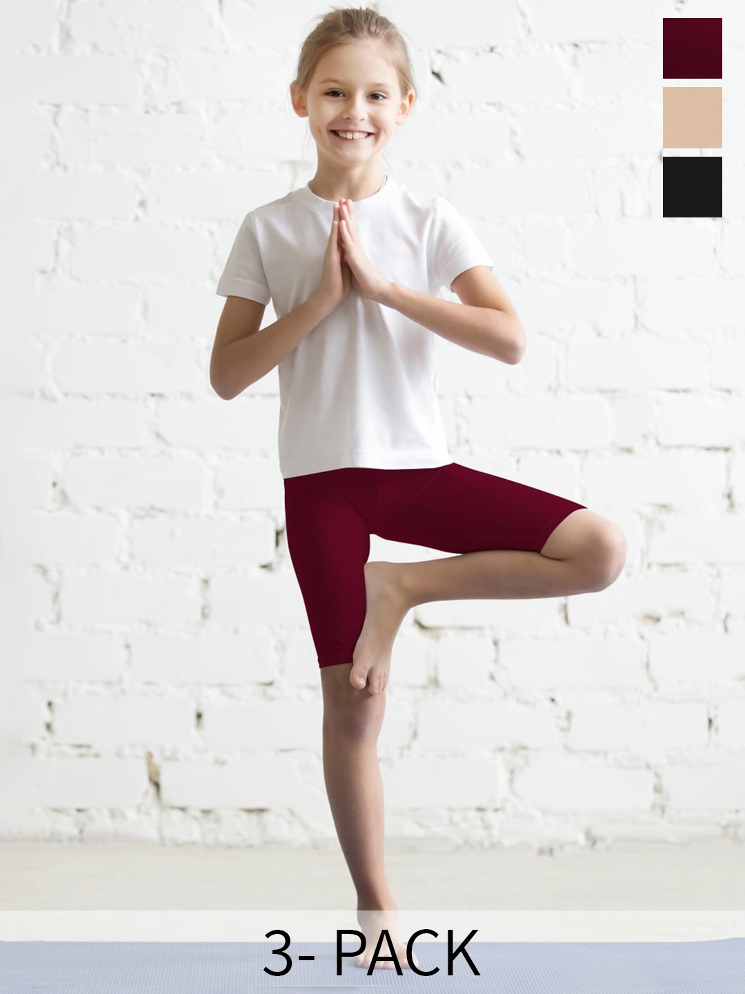 

TWIN BIRDS Girls Pack of 3 Mid-Rise Skinny Fit Pure Cotton Sports Shorts, Maroon
