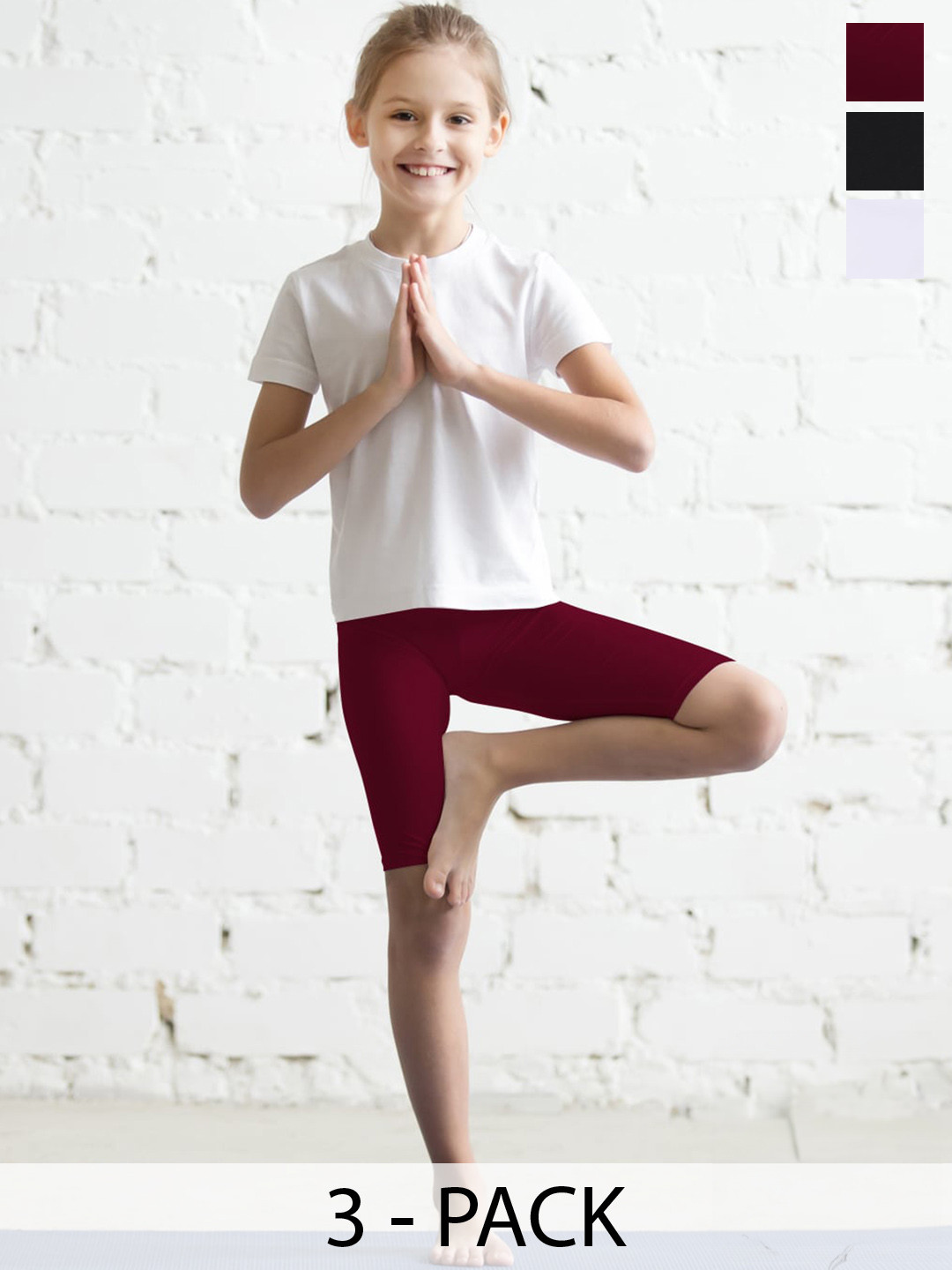 

TWIN BIRDS Girls Pack Of 3 Skinny Fit Cotton Sports Shorts, Maroon