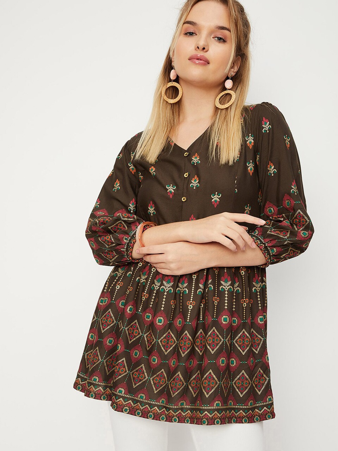 

max Ethnic Motifs Embroidered Tunic, Brown