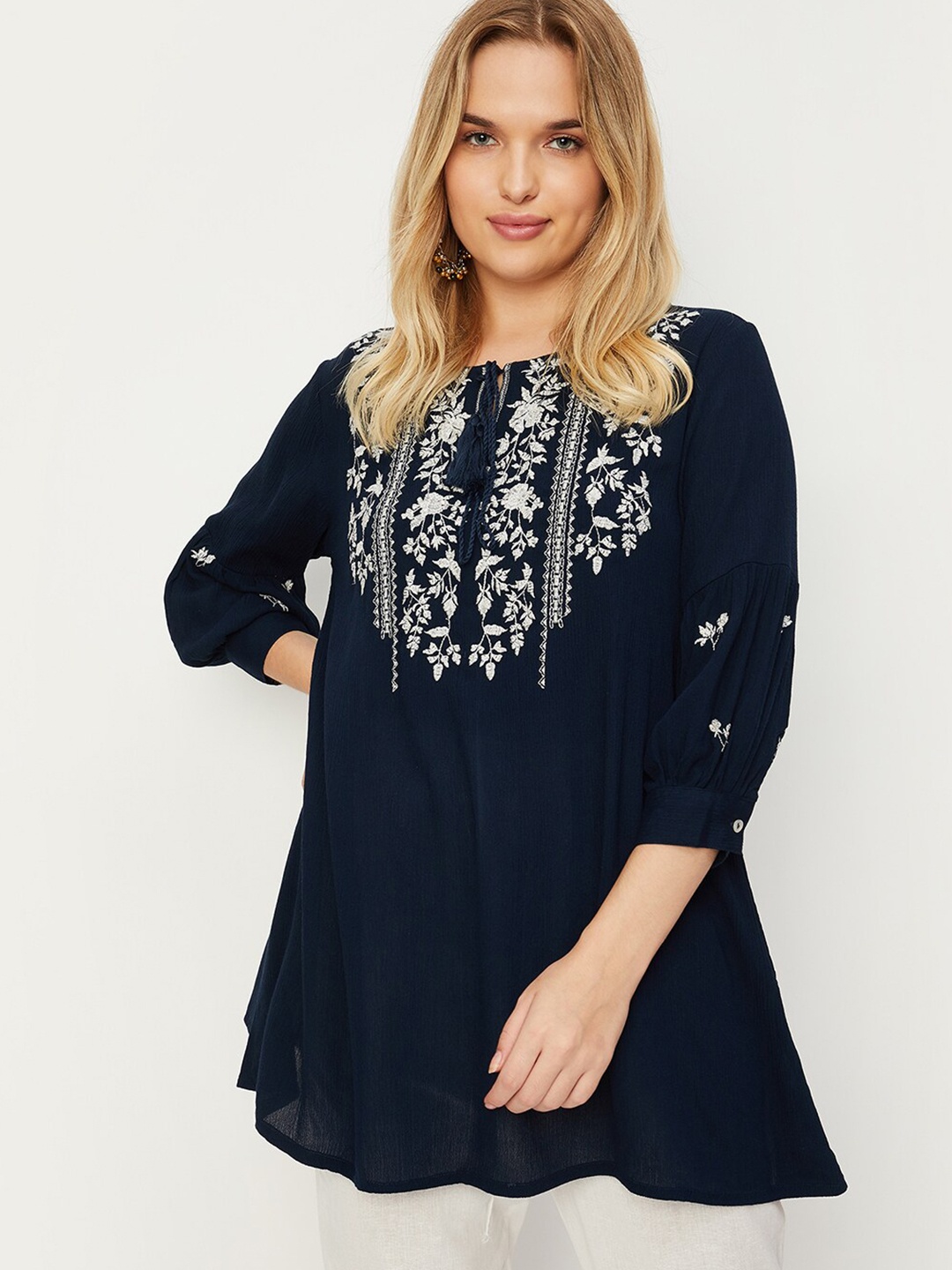 

max Floral Embroidered Tie Up Neck Thread Work Kurti, Blue