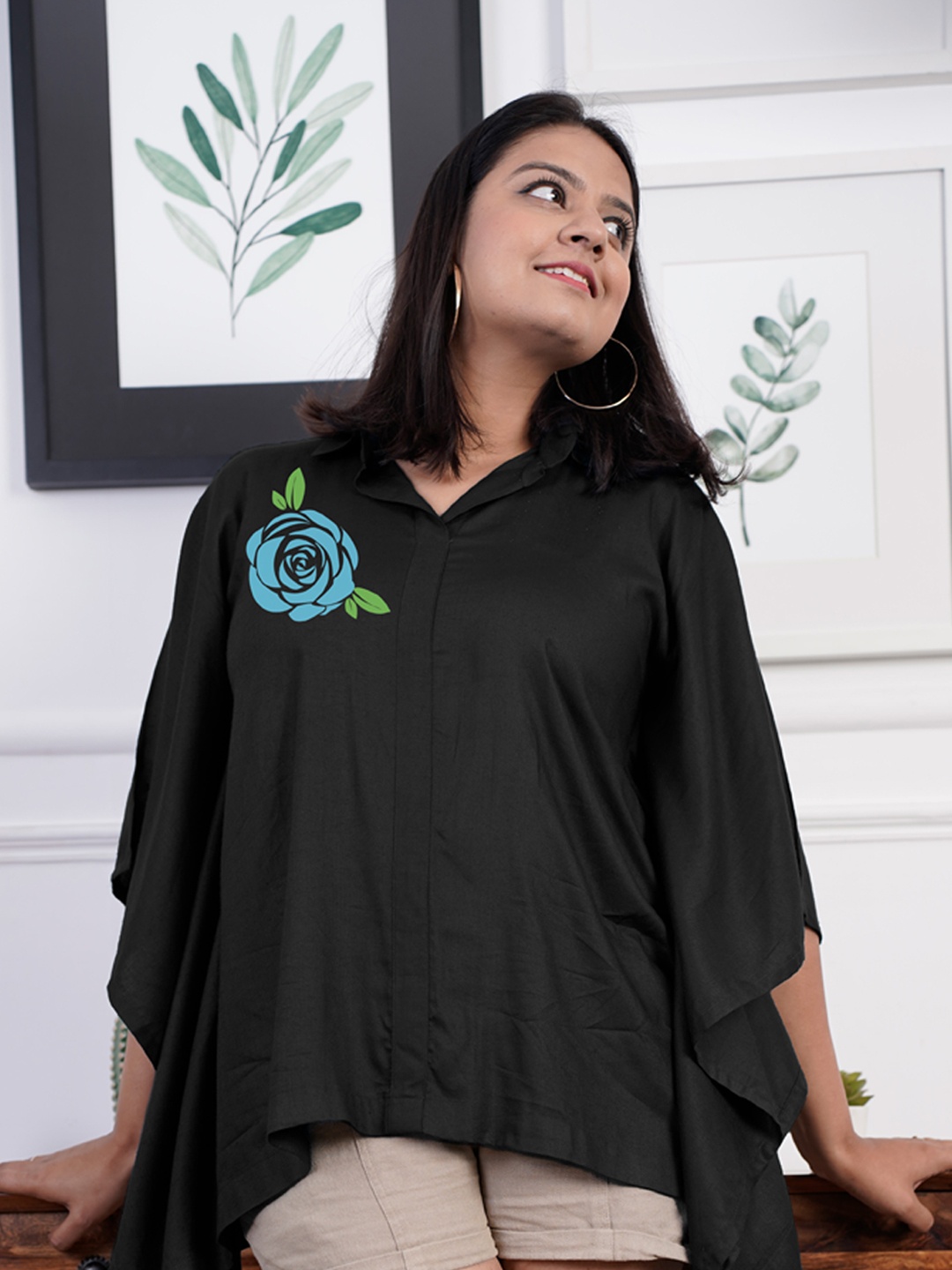 

LetsDressUp Floral Printed Kimono Sleeve Kaftan Top, Black