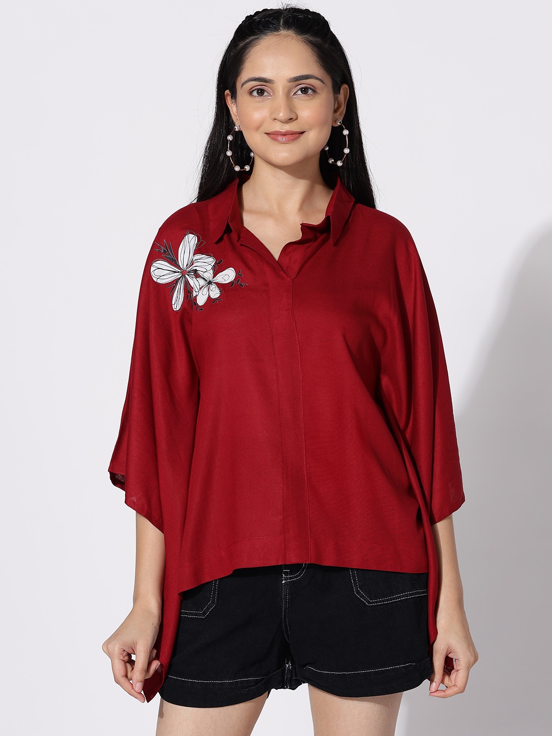 

LetsDressUp Floral Printed Kimono Sleeve Kaftan Top, Maroon