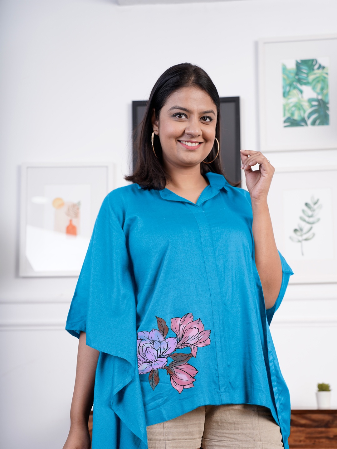 

LetsDressUp Floral Printed Kimono Sleeves Kaftan Top, Turquoise blue