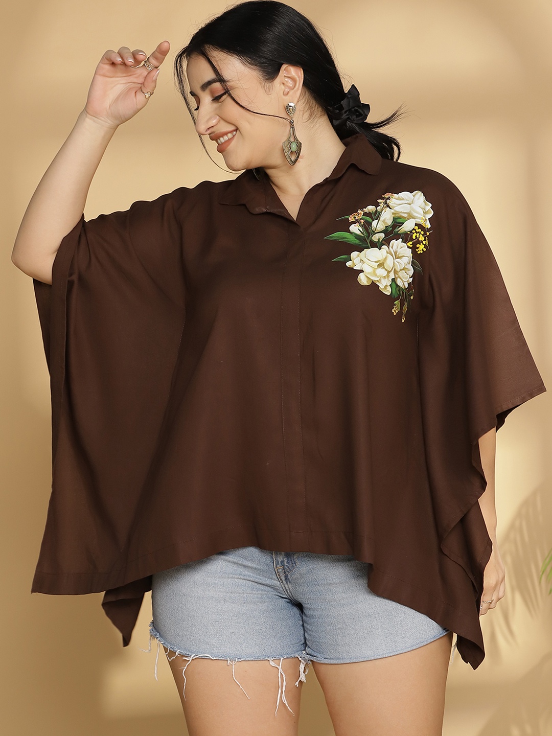 

LetsDressUp Floral Printed Kimono Sleeves Kaftan Top, Coffee brown