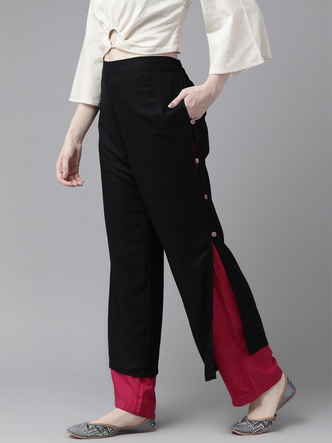 

Aarika Women Colourblocked Flared Cotton Palazzos, Black