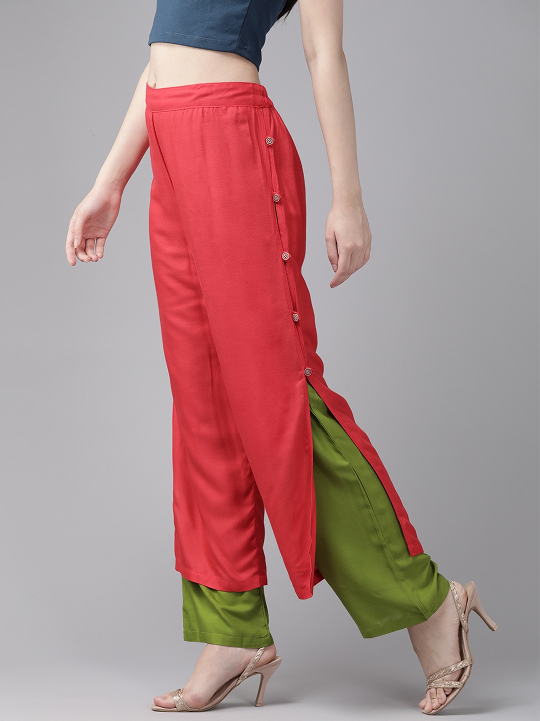

Aarika Women Colourblocked Flared Knitted Palazzos, Coral