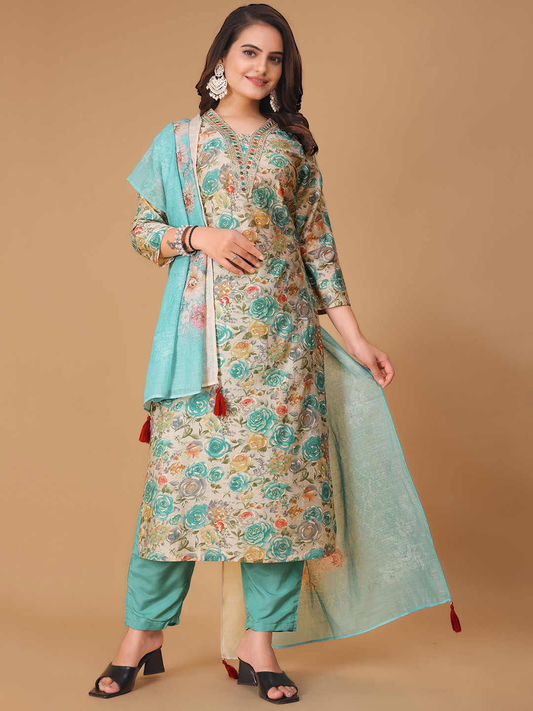 

KALINI Floral Printed Regular Chanderi Silk Kurta With Trousers & Dupatta, Turquoise blue
