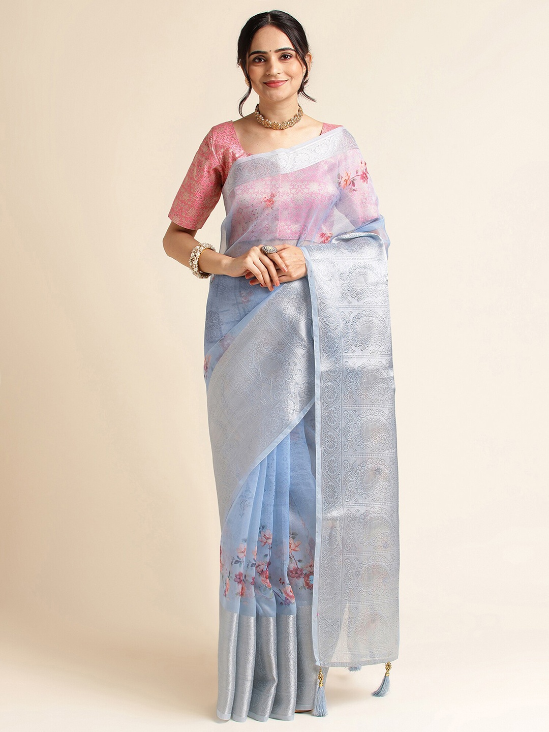 

FABMORA Floral Zari Detailed Organza Saree, Blue
