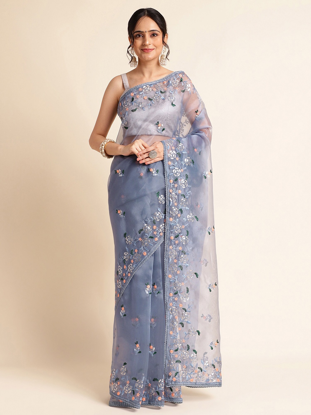 

FABMORA Embellished Embroidered Organza Saree, Blue