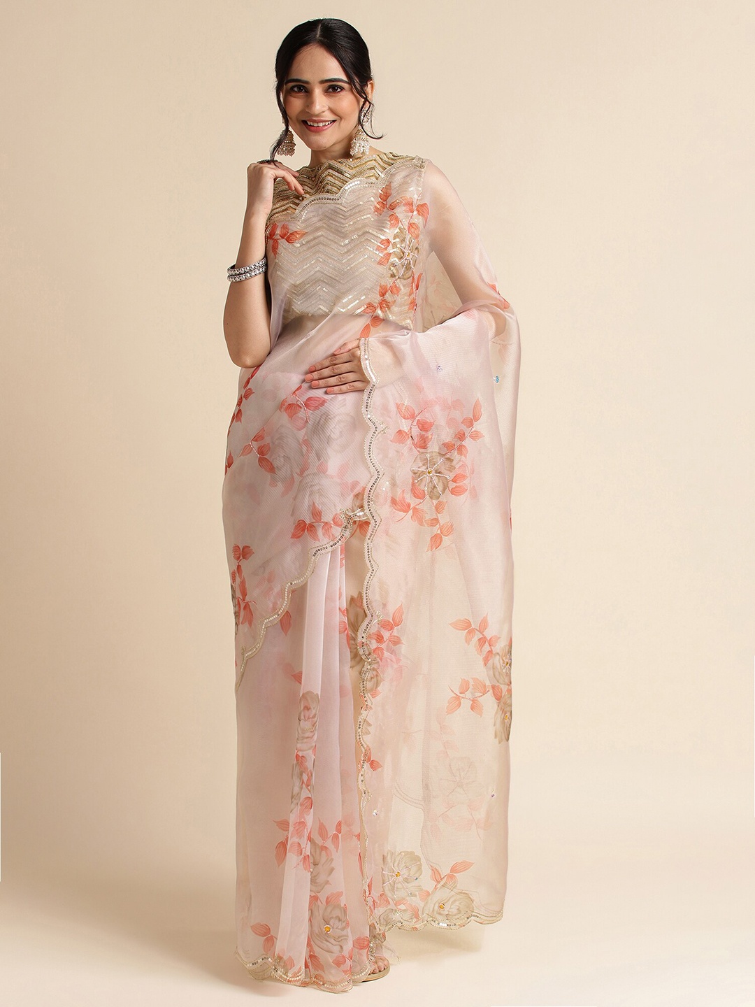 

FABMORA Floral Printed Sequinned Organza Saree, Cream