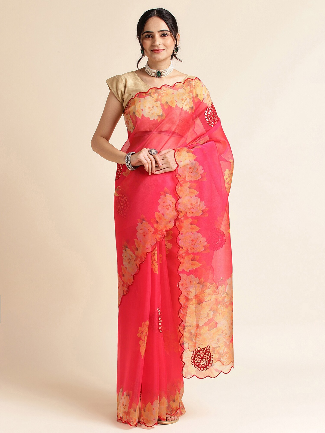 

FABMORA Floral Printed Embroidered Organza Saree, Pink