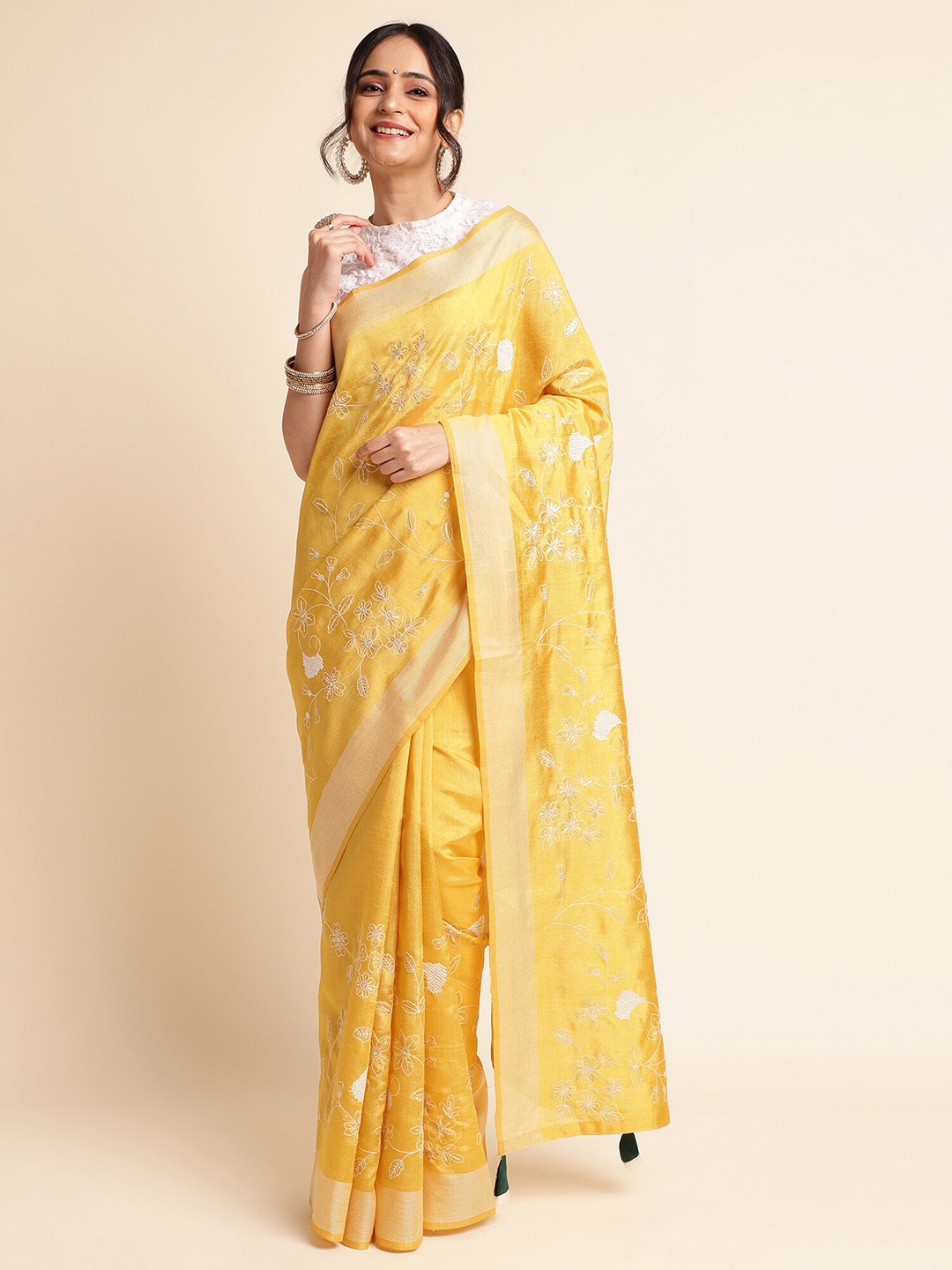 

FABMORA Floral Embroidered Zari Saree, Yellow