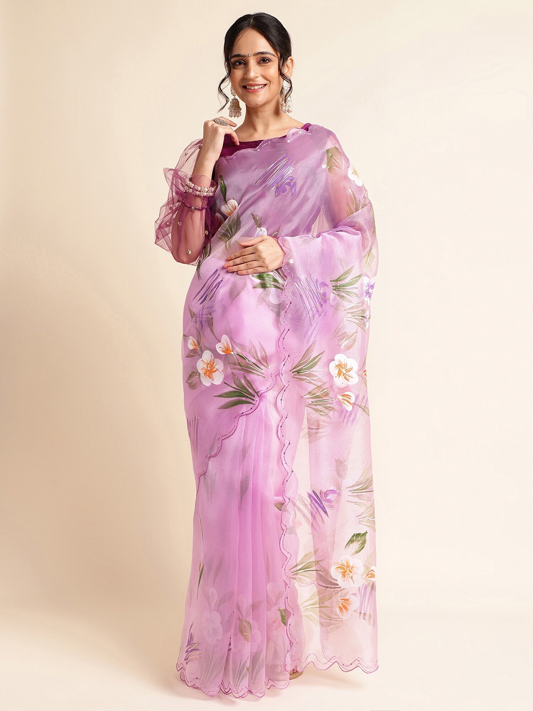 

FABMORA Floral Printed Sequinned Organza Saree, Purple