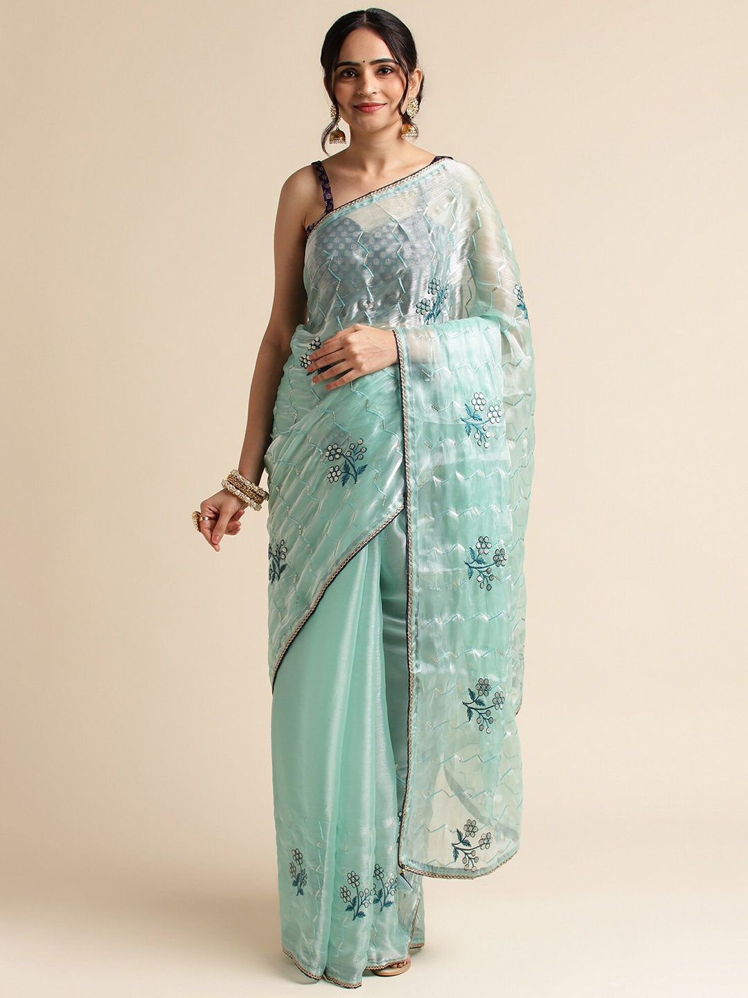 

FABMORA Floral Embrodered Sequinned Organza Saree, Sea green