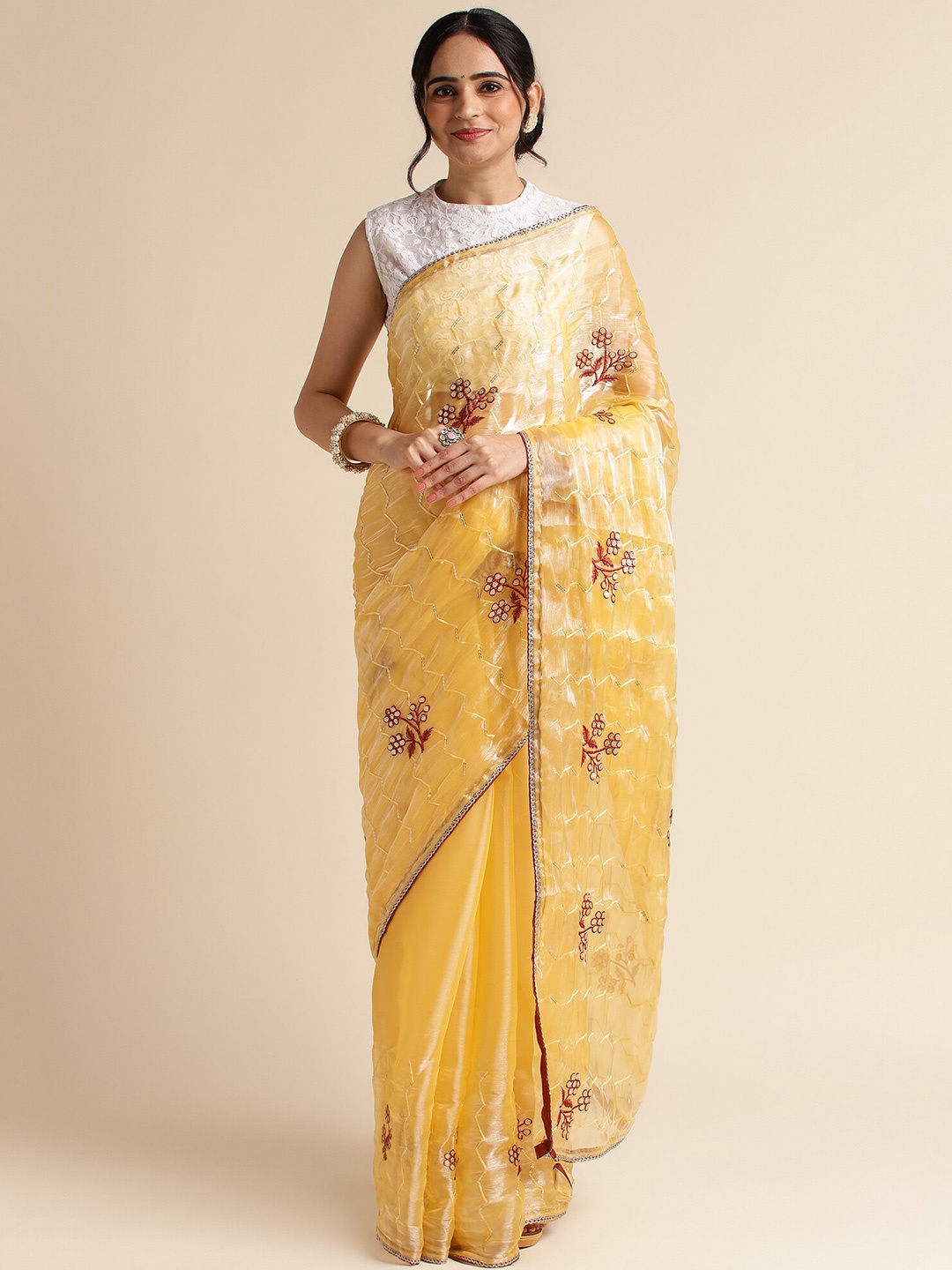 

FABMORA Floral Embrodered Sequinned Organza Saree, Yellow