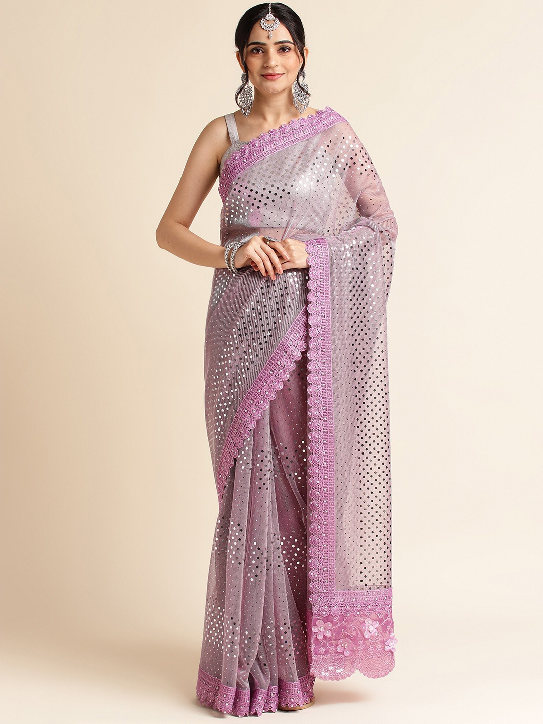 

FABMORA Embellished Sequinned Saree, Purple