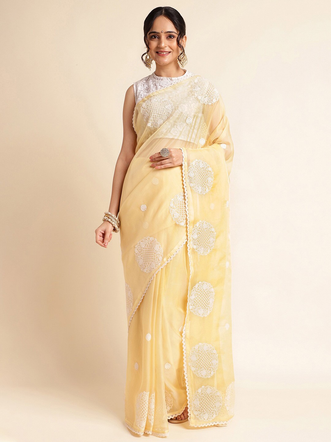

FABMORA Floral Embroidered Organza Saree, Cream