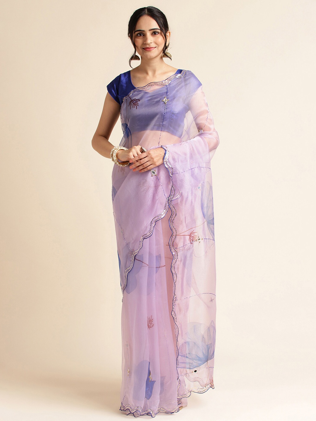 

FABMORA Floral Printed Sequinned Organza Saree, Lavender