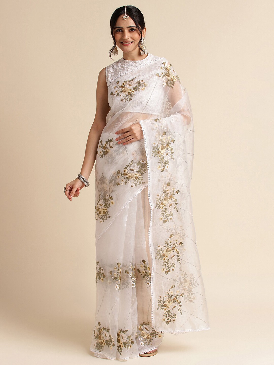 

FABMORA Floral Embroidered Organza Saree, White