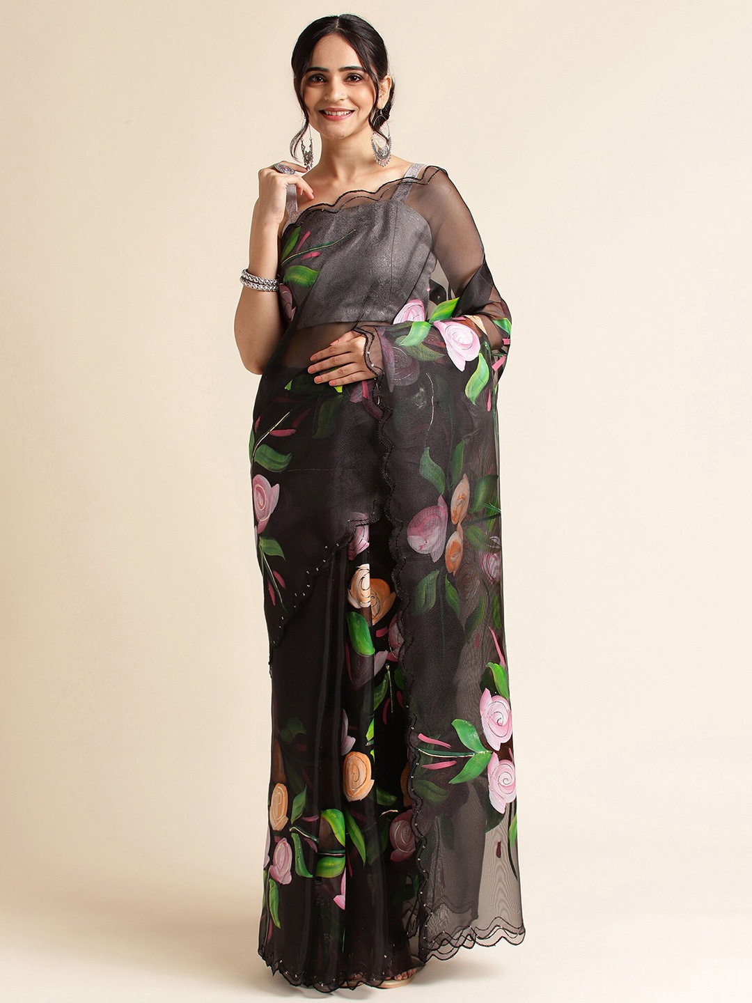 

FABMORA Floral Printed Sequinned Organza Saree, Black